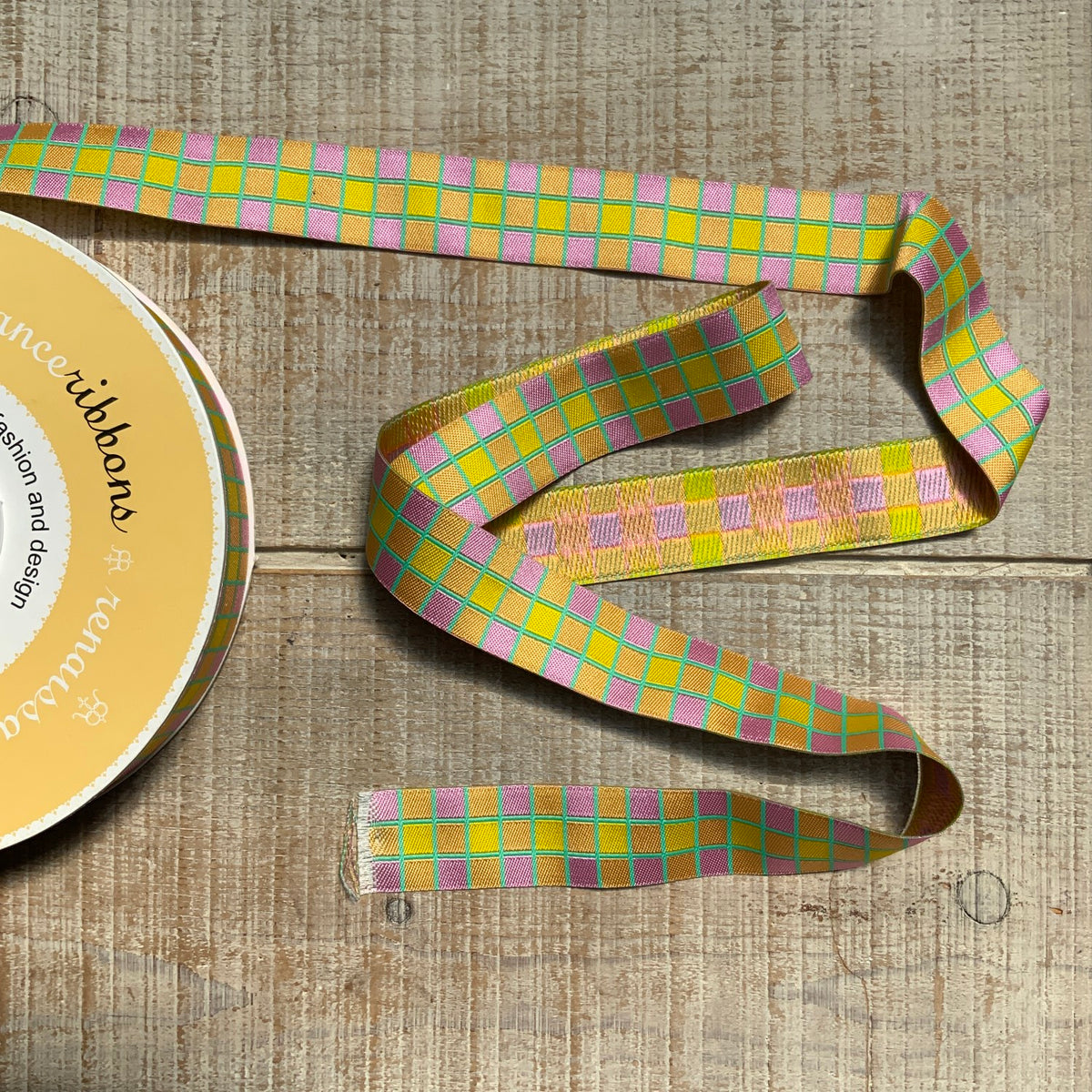Renaissance Ribbons-KF33/22mm Checkerboard Pink&Yellow 7/8